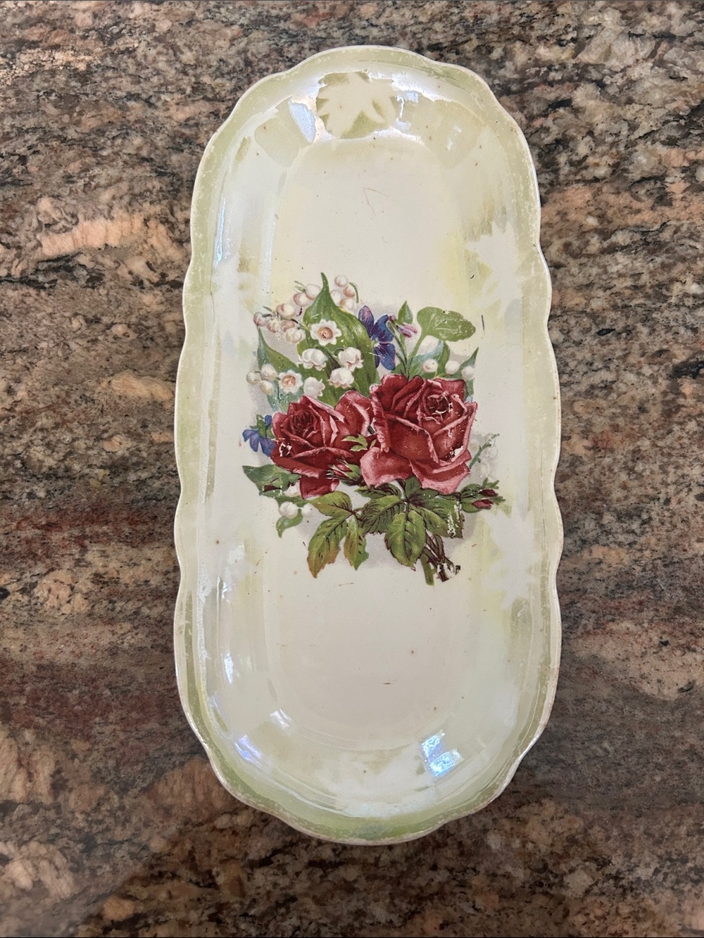 Cream & Green Ceramic Vanity Tray with Red Rose Motif